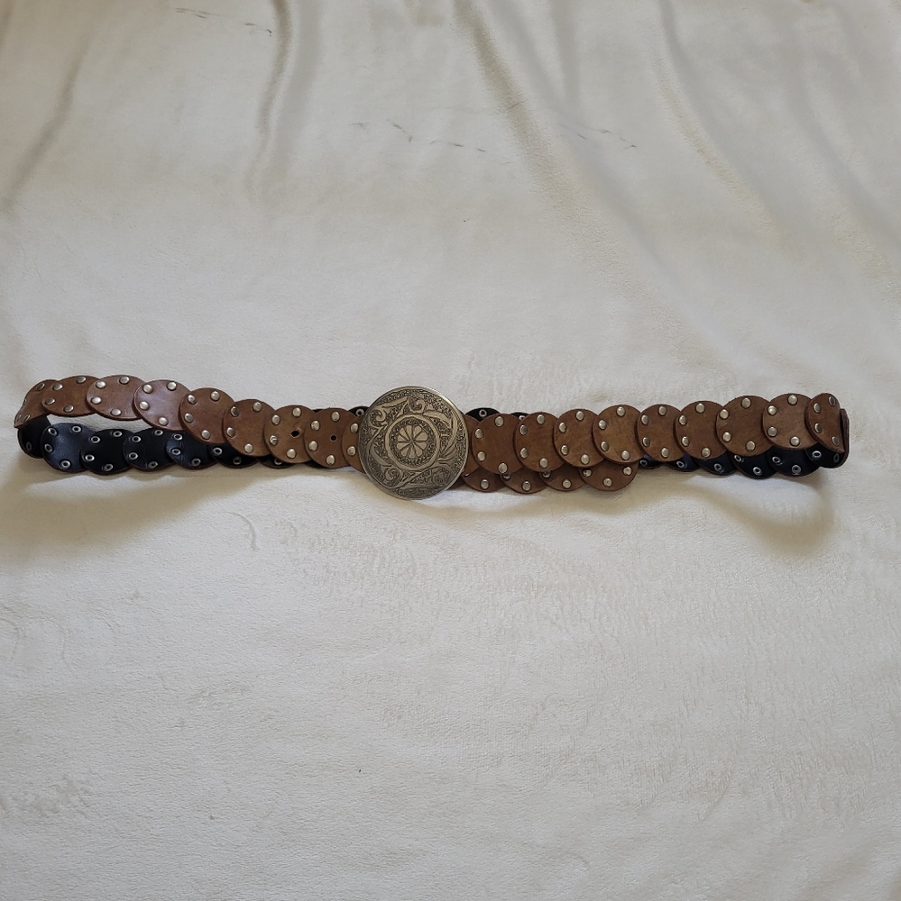 Brown and Black Leather Belt with Decorative Buckle
